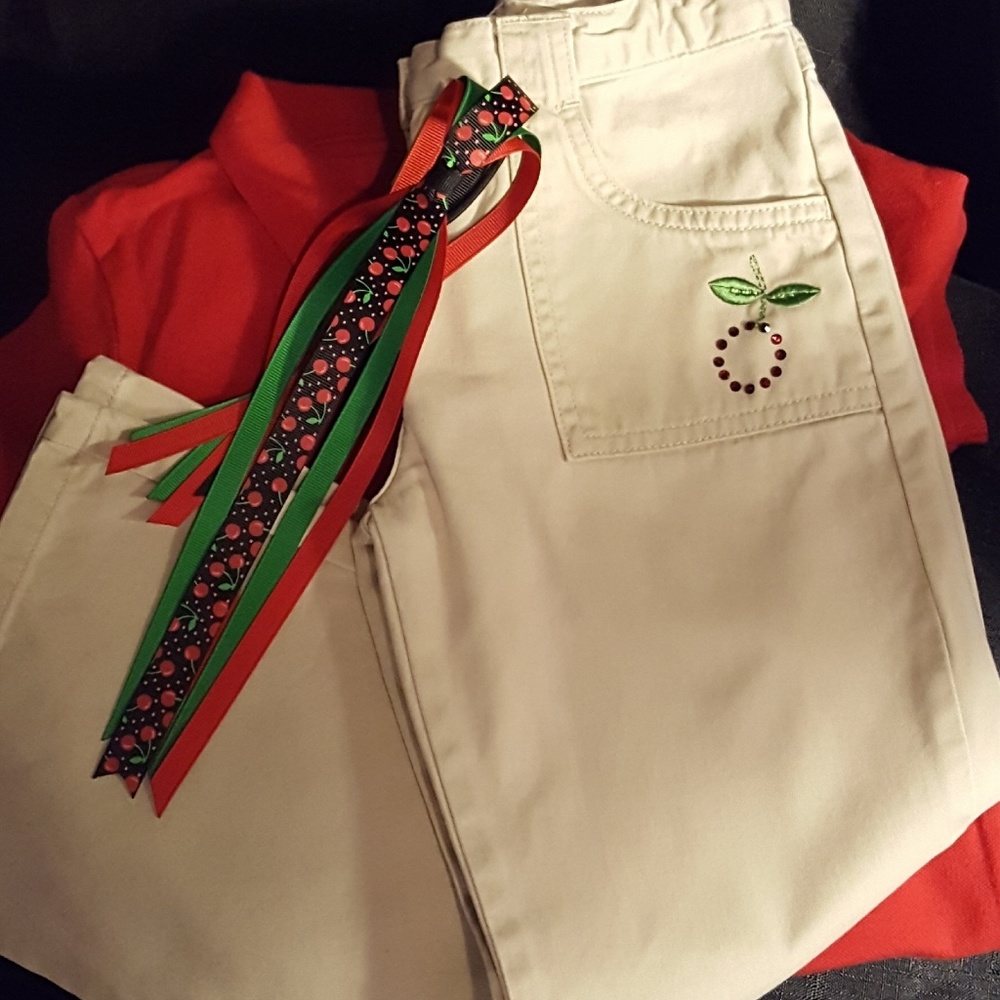 Gymboree Cherry Bling Khaki Pants & NEW Matching Pony Tail Holder